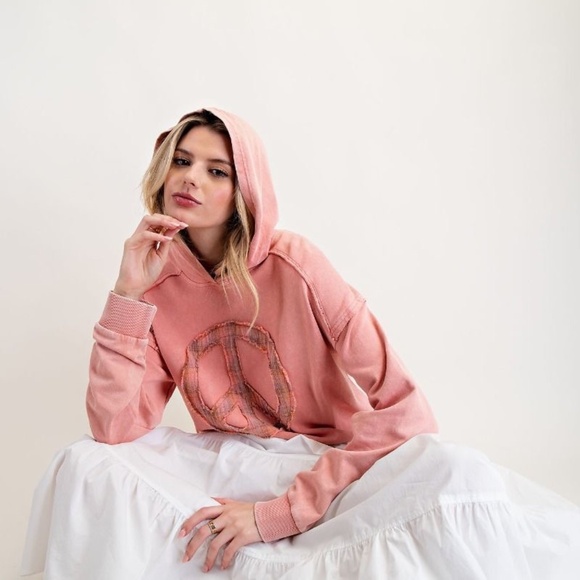 NEW EASEL CLOTHING WASHED TERRY KNIT PULLOVER PEACE HOODIE CORAL - Picture 7 of 10